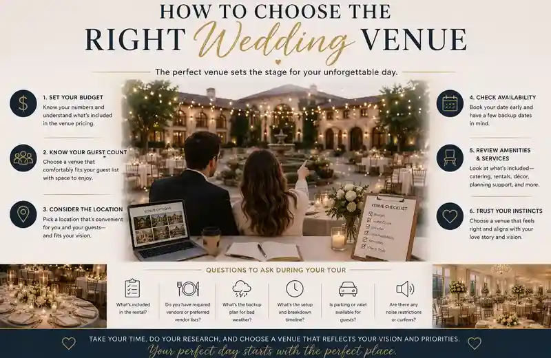 Couple choosing a Houston wedding venue while reviewing venue options, wedding planning checklists, guest accommodations, and elegant reception spaces for a luxury wedding celebration